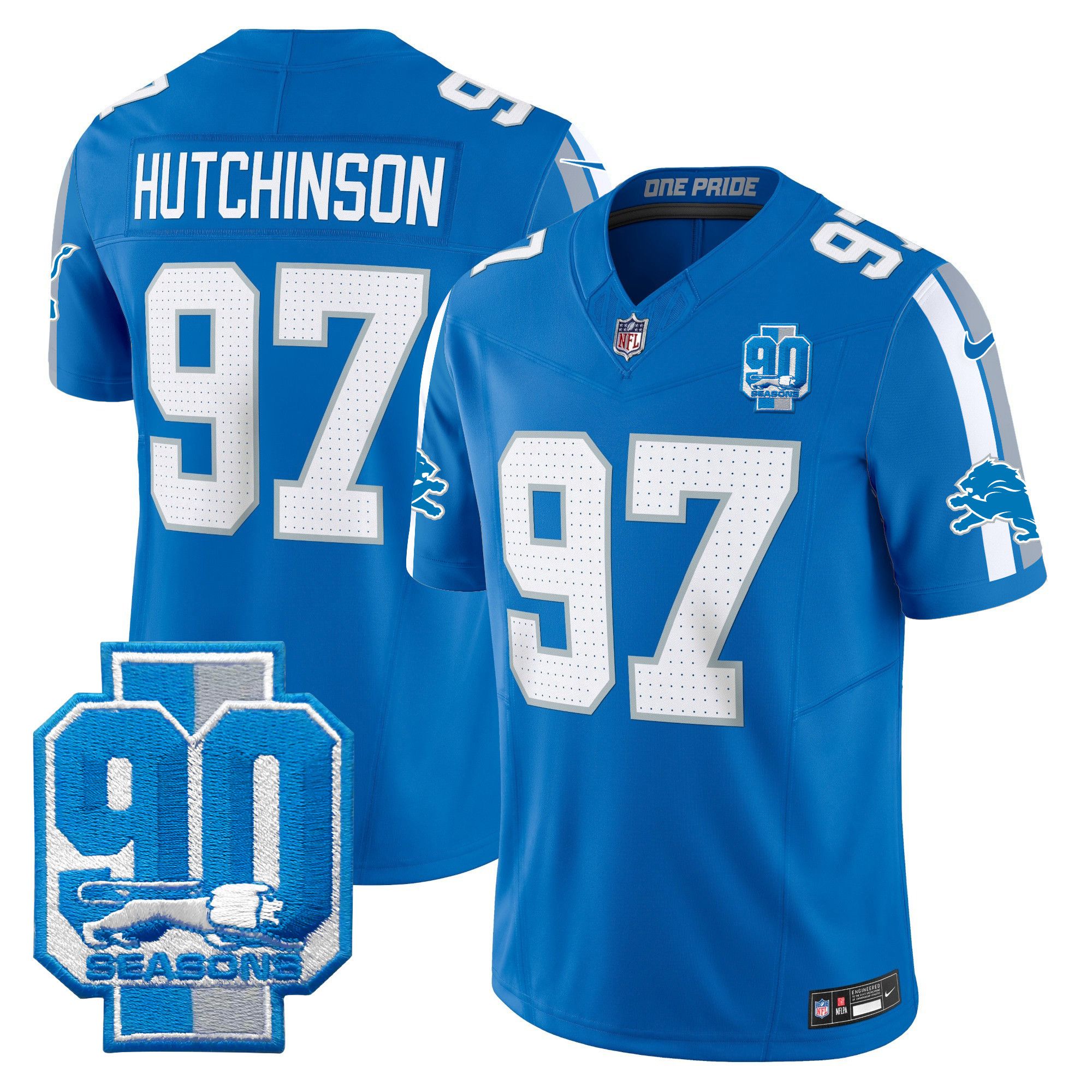 Men Detroit Lions #97 Hutchinson Blue 2024 Nike 90th Year Patch Vapor Limited NFL Jersey